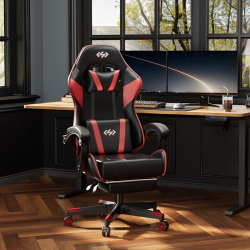 HLDIRECT Office Gaming Chair, Ergonomic Lumbar Support Computer Chairs with Footrest and Headrest, Adjustable Height Video Gamer Chair, Breathable PU Leather, 360 Degree Swivel, Adult, Black and Grey