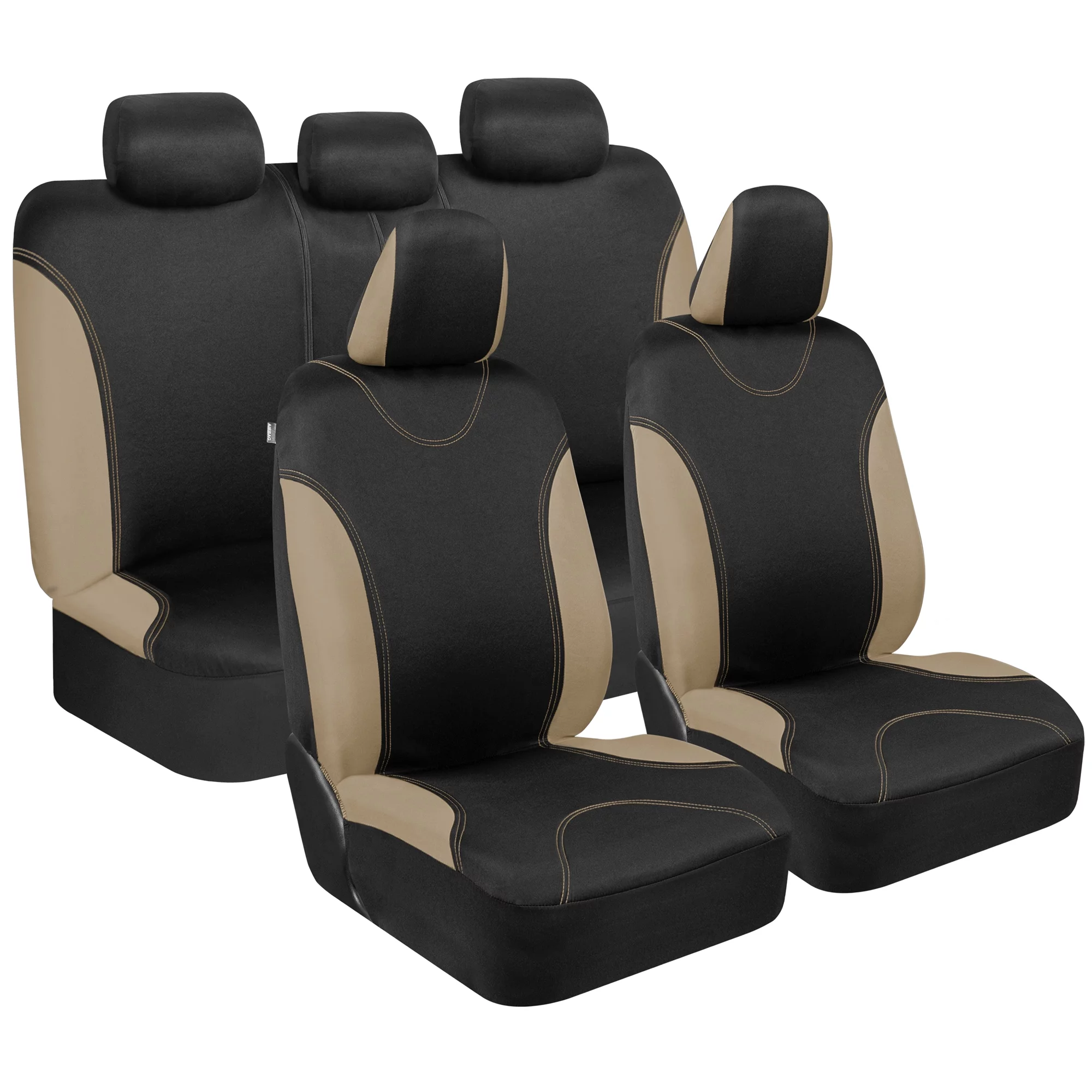 BDK UltraSleek Beige Seat Covers for Cars Full Set, Two-Tone Front Seat & Rear Bench Covers