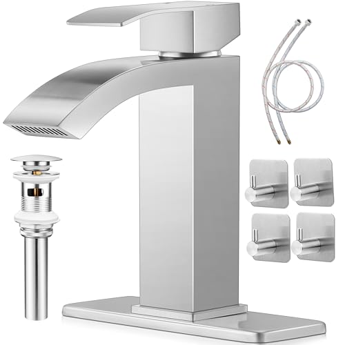 Brushed Nickel Bathroom Sink Faucet for 1 or 3 Hole Single Handle Waterfall Bathroom Vanity Vessel Sink Faucet with Pop Up Drain and Towel Hooks