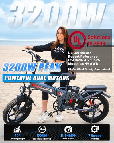 Wallke H9 AWD 3200W Dual Motor Electric Bike for Adult, 48V 82Ah/60Ah Sam-sung Cell Battery, 240-130 Mile 34MPH Fast Ebike, 20