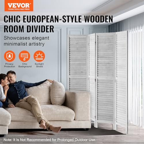 VEVOR Wood Room Divider, 4 Panel Folding Privacy Screen, 66.9 Inches Tall Indoor Wooden Partition, Portable Decoration Screen, for Room Separation, Home, Office, Restaurant & Bedroom (Light Grey)