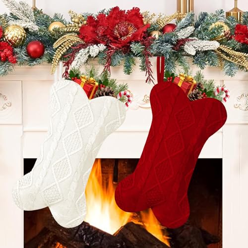 2 Pack Dog Christmas Stocking, 18 Inch Large Double Side Knitted Christmas Stocking for Dogs, Bone Shaped Hanging Dog Stockings for Dogs Pets (White & Red)