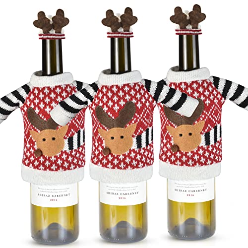 3Pack Christmas Wine Bottle Covers Reindeer Christmas Wine Ugly Sweater with Hat Red Ornaments Wine Bottle Covers for Home New Year Holiday Christmas Party Decoration