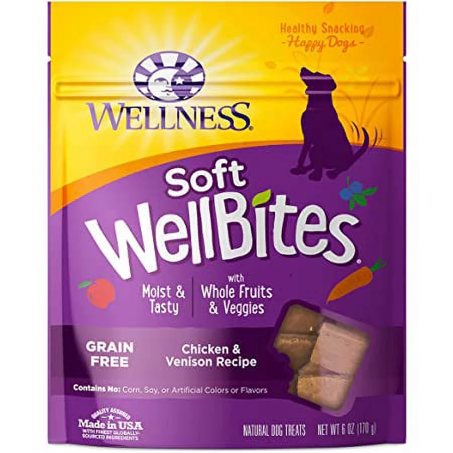 Wellness Wellbites Soft & Chewy Variety Pack (Beef & Turkey, Chicken & Lamb, Chicken & Venison, Lamb & Salmon, and Turkey & Duck, 6 ounce bags)