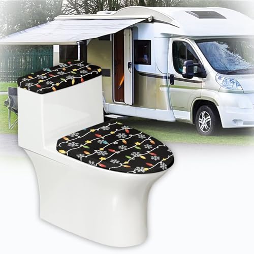 Christmas Bow Bell Toilet Tank Lid Cover and Toilet Seat Lid Cover 2 Pcs Set Toilets Covers with Elastic Cloth Fits Most Toilets Tanks & Lids