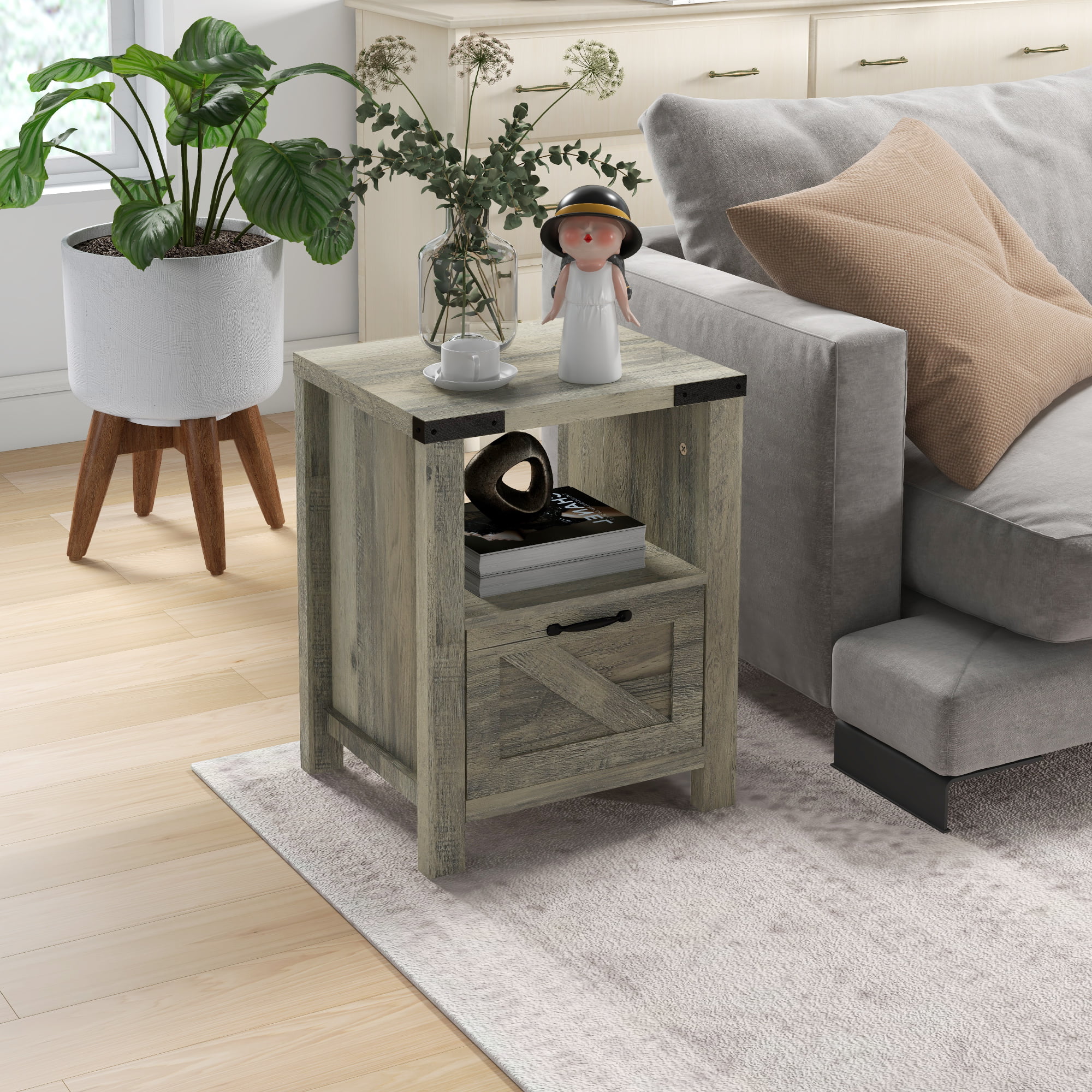 HOMCOM Farmhouse Side Table with Storage for Living Room Set of 2 Gray Oak