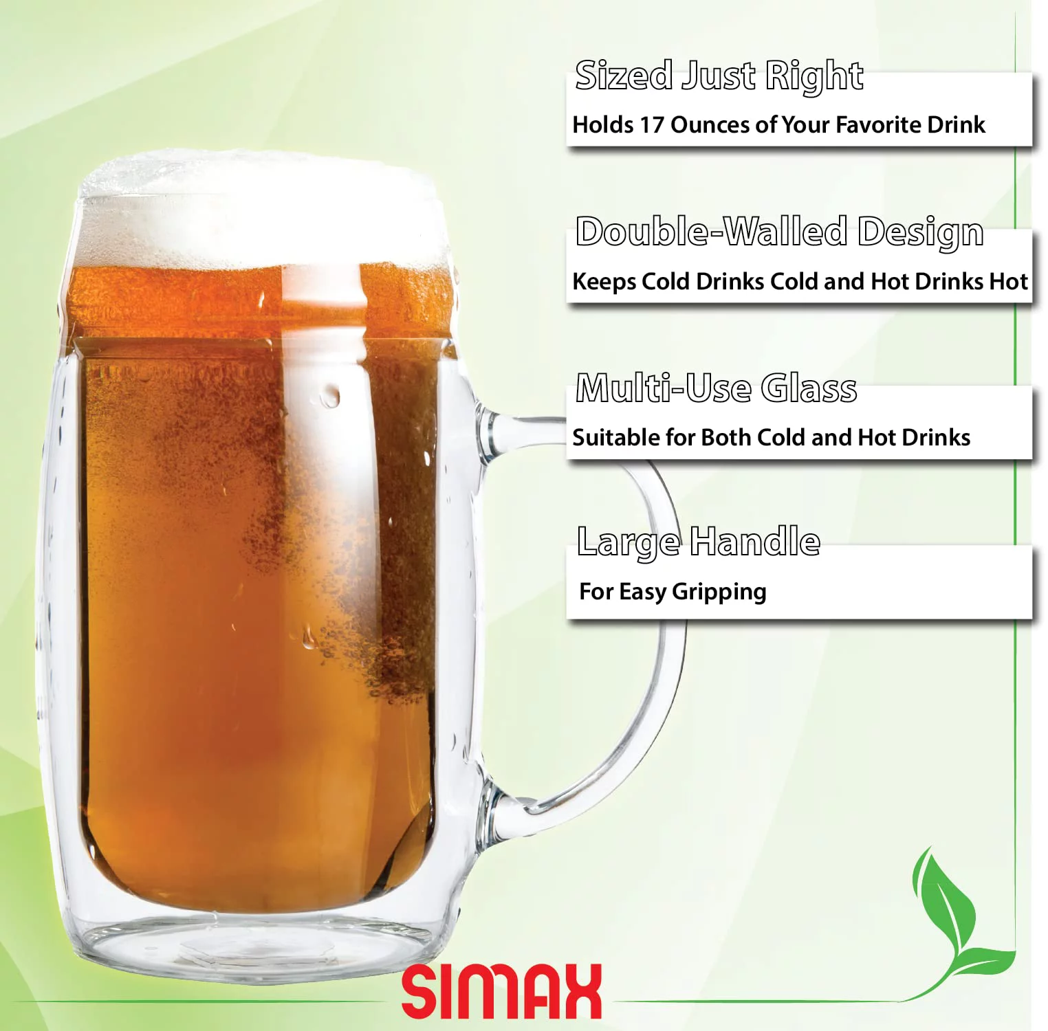 SIMAX Beer Mugs For Men: 17 oz Double Walled Glass Beer Mug - Freezable Beer Glasses - Pint Beer Mugs & Steins - Beer Mugs with Handles - Insulated Beer Glasses for Men - Beer Mugs for Freezer (6)