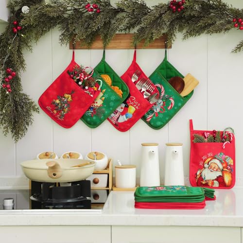 Leinuosen 12 Pcs Christmas Pot Holders with Pocket Xmas Retro Pot Holders for Kitchen Winter Hot Pads Oven Mitts Cookie Bag Red and Green Heat Resistant Farmhouse Oven Gloves Baking Cooking(Cute)