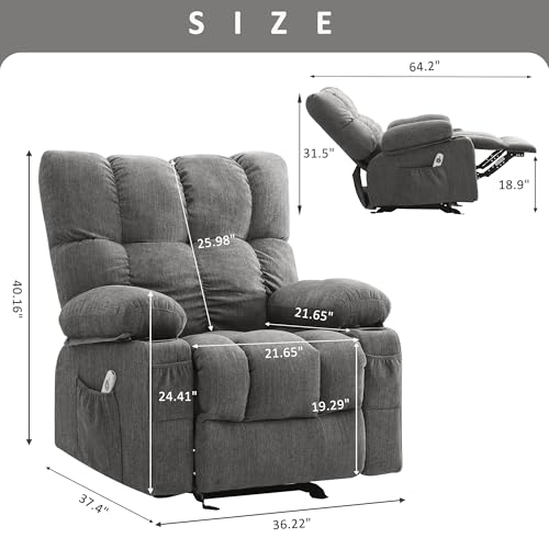 Recliner Chairs with Vibration Massage and Heat, Ergonomic Lounge Recliner Sofa with with Rocking Function and Side, Pocket, 2 Cup Holders, USB Charge Port, Grey Regular