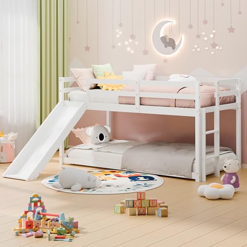MU Twin Bunk Bed with Slide, Wood Low Bunk Bed Frame with Climbing Ladder & Safety Guard Rail, Floor Loft Bed with Lower Storage Space for Kids Toddler, White