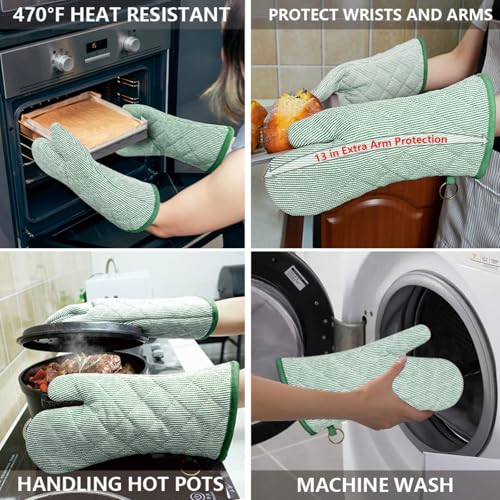 1 Pair Yarn Dyed Oven Mitts 100% Cotton Heat Resistant 470 Degree Gloves Men Women Cooking Baking Barbecue BBQ Microwave Crafting Machine Washable Pot Holders Mittens (red2)