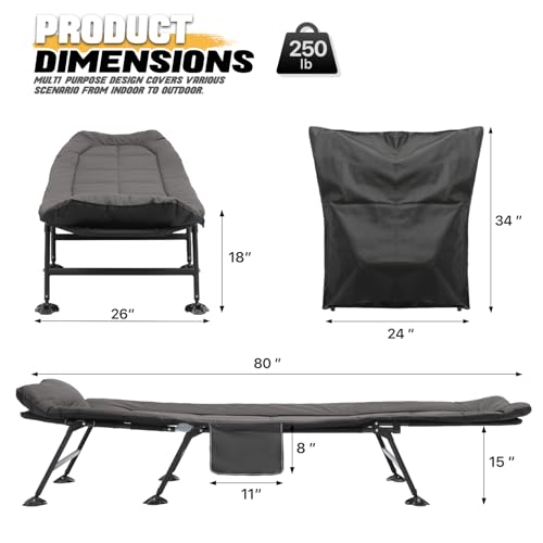 MADOG Camping Beds for Adults, 180° Adjustable Reclining Outdoor Lounger Cot Bed for Sleeping with Carry Bag, Portable Camping Bed for Outdoor Camping Office Use, Supports 250 lbs (Black, Set of 2)