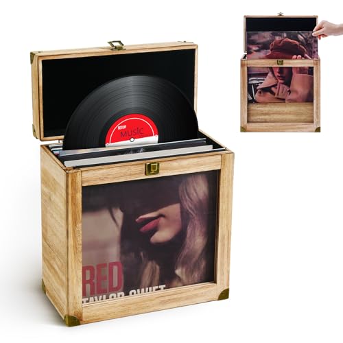 Vinyl Record Storage Case, Vintage Wood LP Album Record Box Display Organizer Fits Standard Records - 7/10 Inch, Vinyl Record Carrying Case Hold 40 Records - Carbonized Brown
