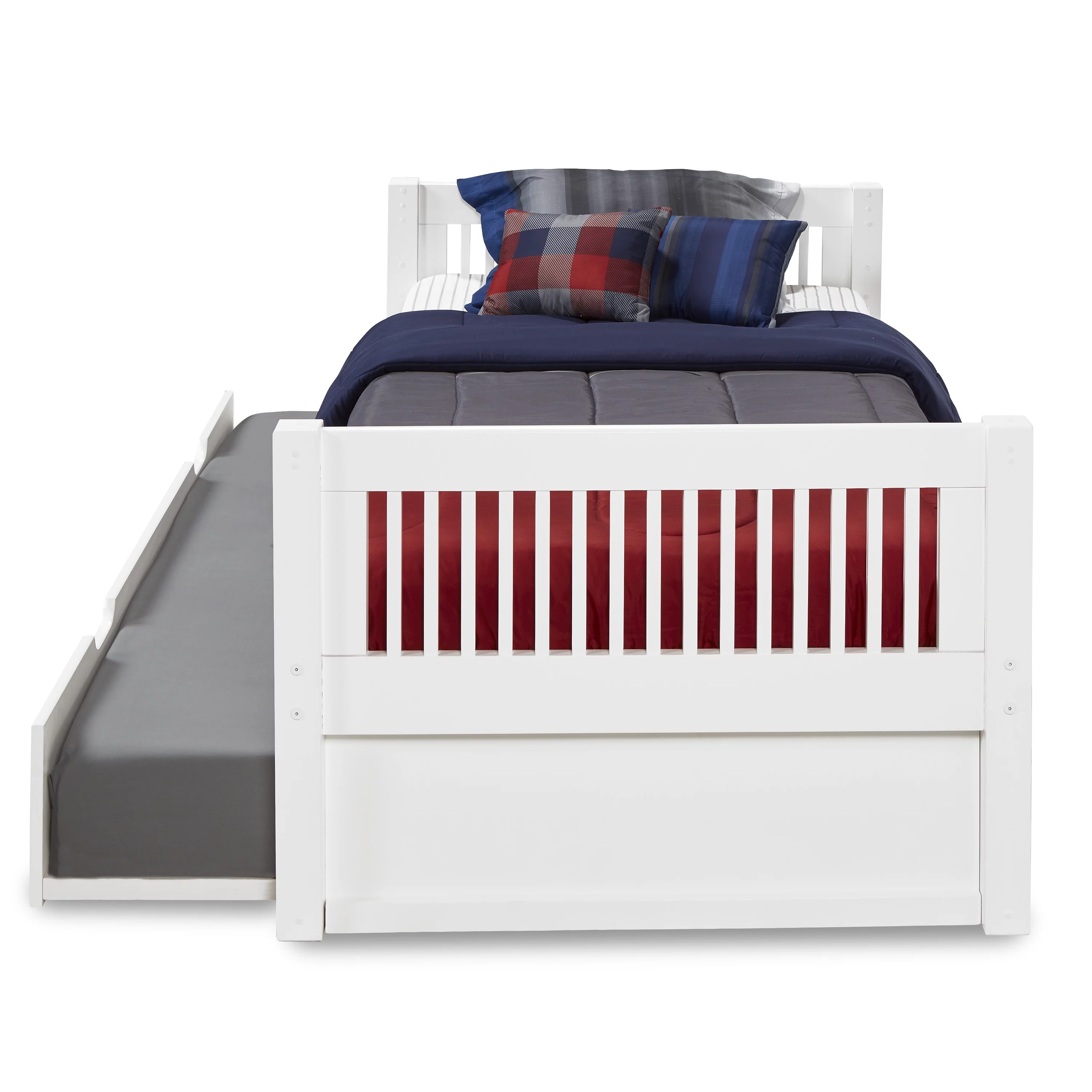 Camaflexi Twin Size Platform Bed with Twin Trundle - Mission Headboard - White Finish