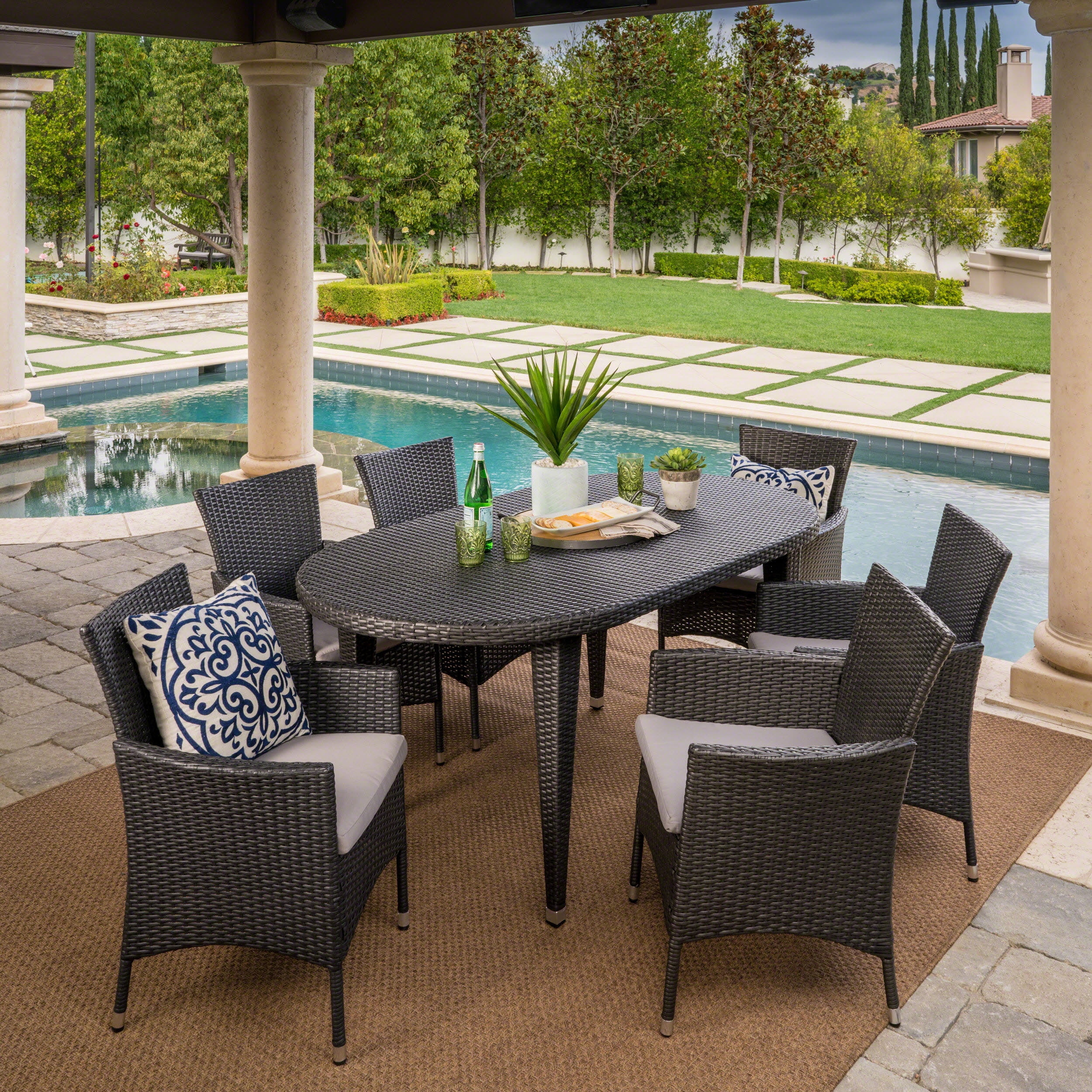 Victor Outdoor 7 Piece Wicker Oval Dining Set with Cushions, Grey, Silver