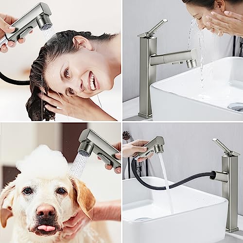 HANLIAN Single Hole Bathroom Pull Out Faucet with Rotating Spout, One Handle Faucet for Bathroom Sink, Modern Bathroom Faucet with Pull Down Sprayer, 3 Modes Vanity Faucets (Tall, Chrome)