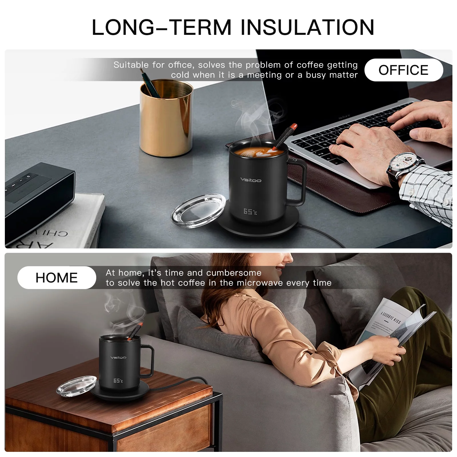 vsitoo S3 Temperature Control Smart Mug 2 with Lid, Self Heating Coffee Mug 10 oz, LED Display, 90 Min Battery Life - App&Manual Controlled Heated Coffee Mug - Improved Design, Coffee Gifts, Black