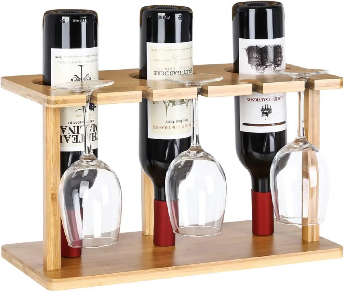 Countertop Bamboo Wine Holder Rack, Holds 3 Bottles & 3 Glasses