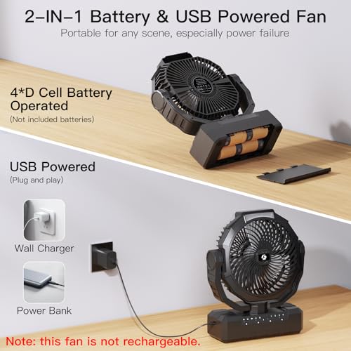 Battery Operated Fan [200H Max], 2 in 1 D-Cell Battery & USB Powered Fans, Portable Camping Fan with 4 Speeds, Light, Timer, Remote for Outdoor Tent, Travel, Picnic, Office, Bedroom - Black