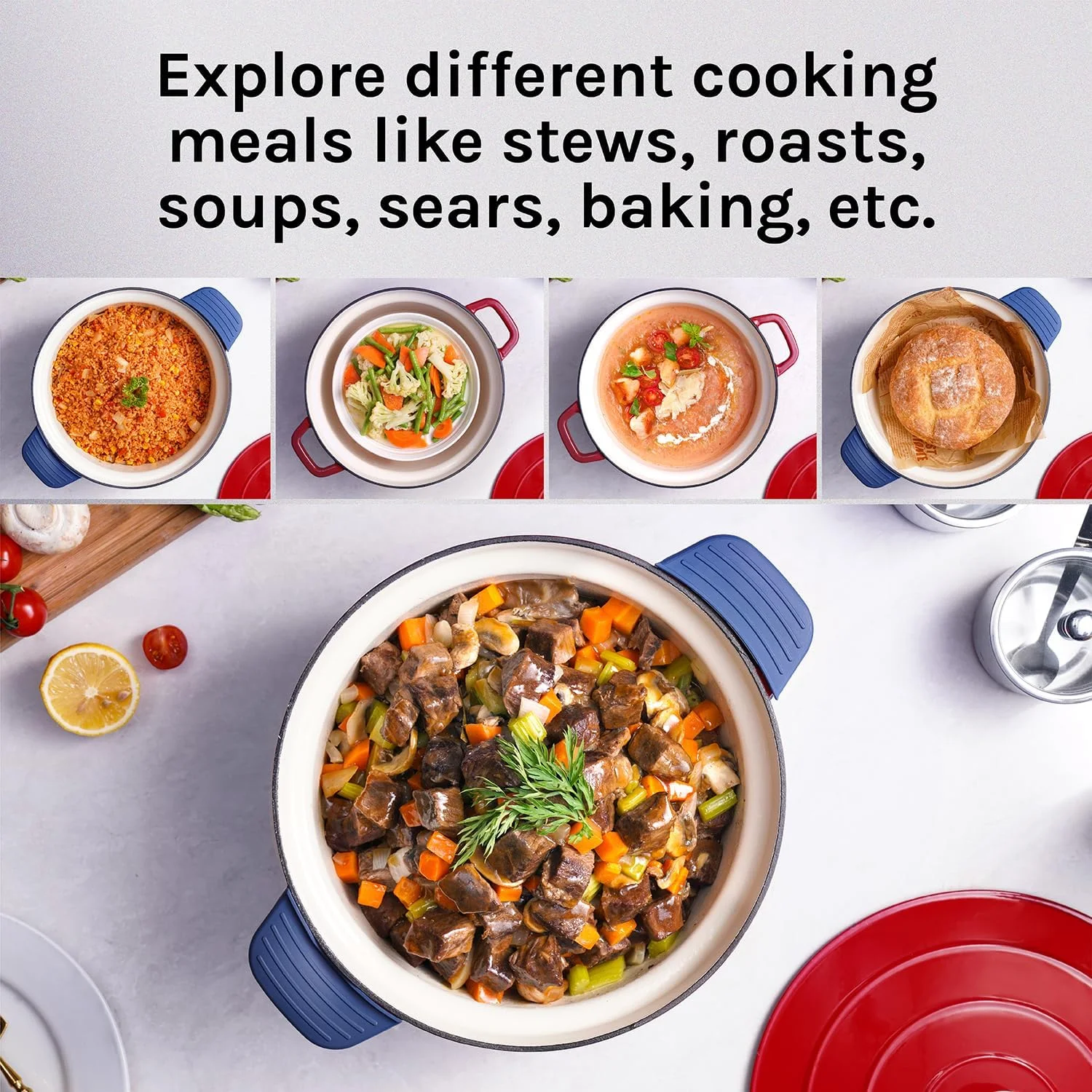 Electric Precision Enameled Cast Iron Dutch Oven 6 in 1 Multi Cooker 6 Qt Heavy Duty, Sear/Saute/Braise/Slow Cook/Keep Warm/Delay/Manual, Red