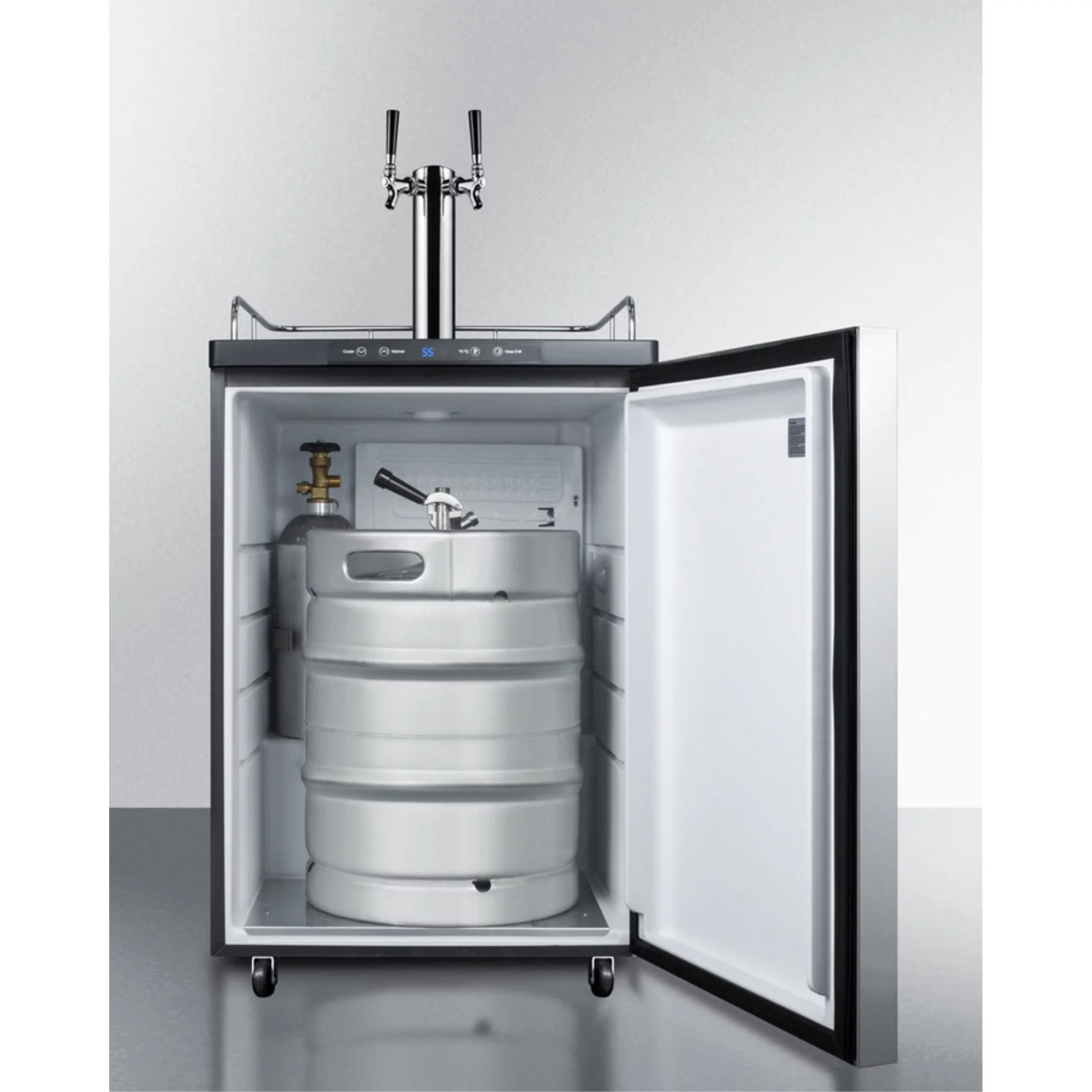Built-in commercially listed beer dispenser, auto defrost with digital thermostat, dual tap system, stainless steel door, horizontal handle, and black cabinet