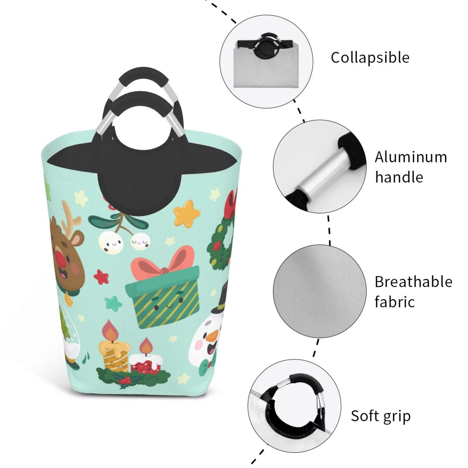 XMXT Collapsible Laundry Basket Hamper, Christmas Snowman Elk Cartoon Print Large Laundry Bag Clothes Hamper with Aluminum Handle, 50L