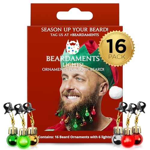 Beardaments Beard Lights - Light-Up Beard Ornaments for Men - Colorful Christmas Beard Baubles with Easy Clip Attachment - Funny Christmas Ornaments - 16pc