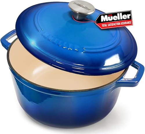 Mueller 6qt Enameled Cast Iron Dutch Oven, Heavy-Duty Casserole and Braiser Pan with Lid and Knob, Oven-Safe up to 500° F & Across All Cooktops, White