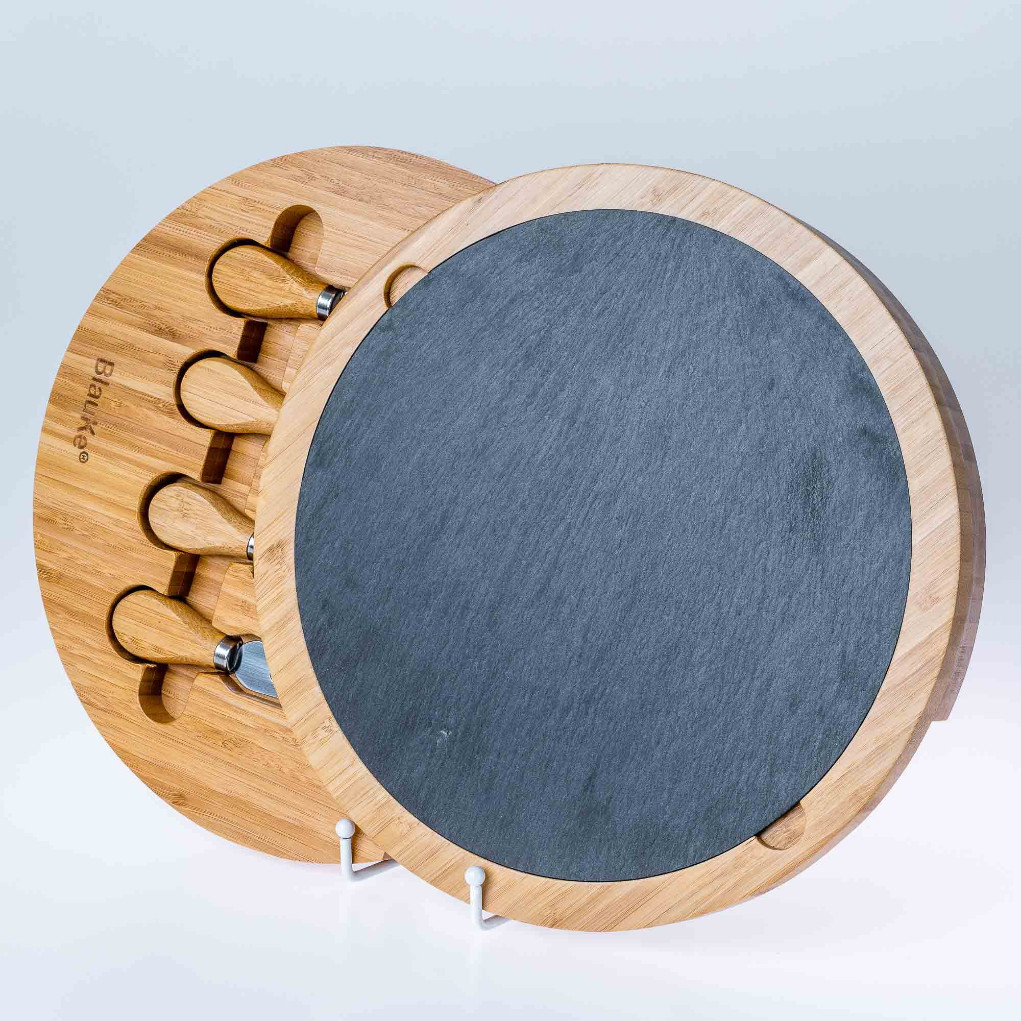 BlauKe® Bamboo Cheese Board with Knife Set and Slate – 12 inch Round Charcuterie Board, Serving Tray, Platter, Wood Cheese Board Set – Gift Idea