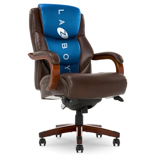 La-Z-Boy Delano Big & Tall Executive Office Chair, Ergonomic Mid-Back Body Pillow Lumbar Support, ComfortCore Memory Foam Cushion, Mahogany Wood Arms & Swivel Base, Bonded Leather, Chestnut Brown