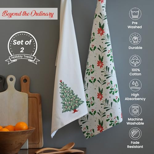 The Fine Living Co. 100% Cotton Merry Christmas Kitchen Towels, 18'x28' Set of 2 (Cherry Red & Green)