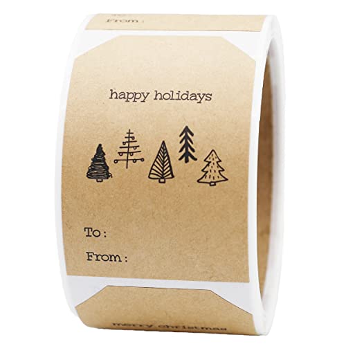 Boho Style Christmas Tree Gift Tag Stickers – 2 x 3 Inch Holiday Labels with Unique Tree Designs – 100 Adhesive Kraft Tags, Eco-Friendly, Made in USA