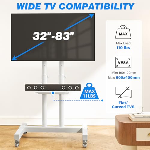 Mobile TV Stand with Wheels for 32-83 Inch LCD LED Curved/Flat Screens TVs up to 110 lbs, Height Adjustable Rolling TV Cart with Shelf, Portable Floor TV Stand, Max VESA 600x400mm, White