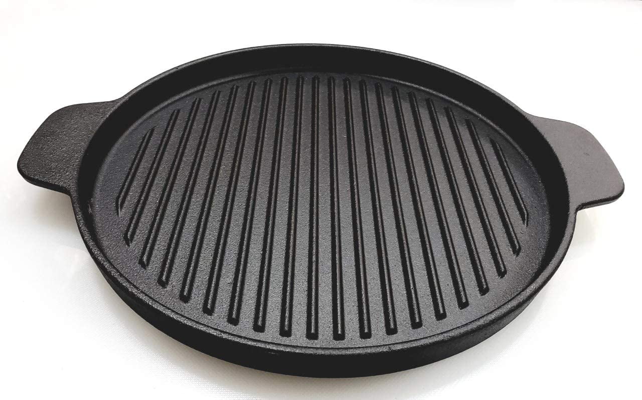 Round Grill Cast Iron Set W/Rubber Wood Underliner, For Steak, Meat, Fish (10.25