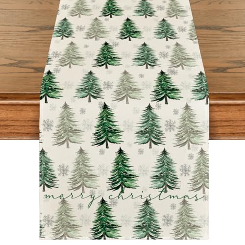 Artoid Mode Xmas Trees Snowflake Christmas Table Runner, Seasonal Winter Green Kitchen Dining Table Decoration for Home Party Decor 13x72 Inch