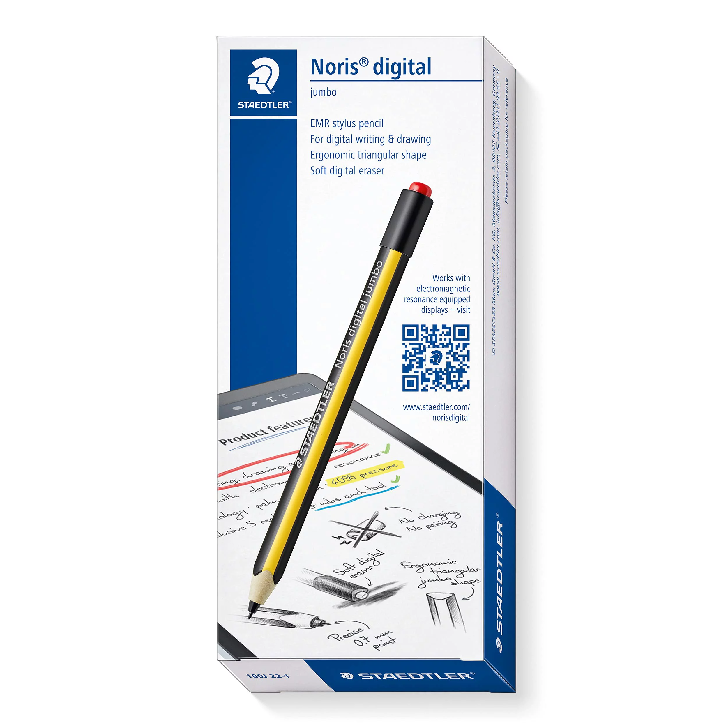 STAEDTLER Noris digital jumbo 180J 22. EMR Stylus with soft digital eraser. For digital writing, drawing and erasing on EMR equipped displays, yellow-black (check the compatibility list)