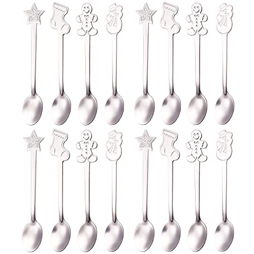 Christmas Coffee Tea Spoons Set, 16 PCS Christmas Stirring Mixing Teaspoons Xmas Coffee Tea Spoons for Dessert Drinks Espresso Milkshake Jam Hot Chocolate Cocoa, Stainless Steel, 4 Styles (16-Gold)