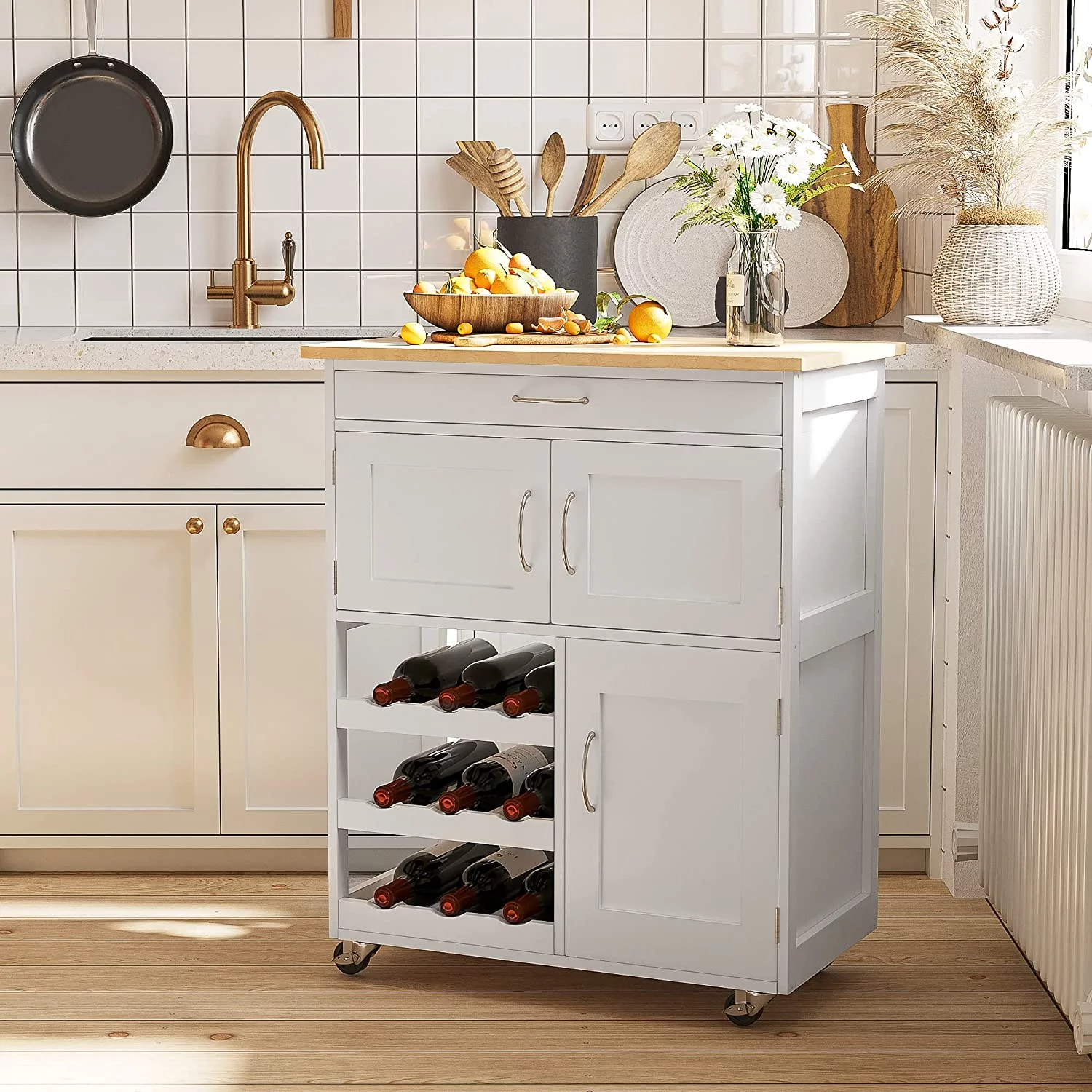 CCBIUOMBO Cart Rolling Kitchen Island on Wheels with 9-Bottle Wine Rack  Small Kitchen Cart with Wide Drawer  Kitchen  Cabinets  Wooden Countertop  White