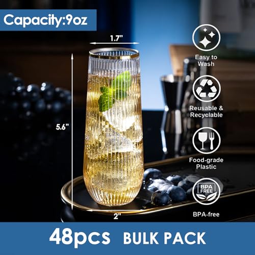 48 Pack Plastic Stemless Disposable Champagne Flutes, Unbreakable 9Oz Champagne Glasses, Origami Style Bulk pack Acrylic Fancy & Shatterproof Toasting Glasses, Ideal for Wedding, Party