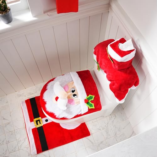 JOYIN 5 Pieces Christmas Theme Bathroom Decoration Set w/Toilet Seat Cover, Rugs, Tank Cover, Toilet Paper Box Cover and Santa Towel for Xmas Indoor Décor, Party Favors (Gnome)