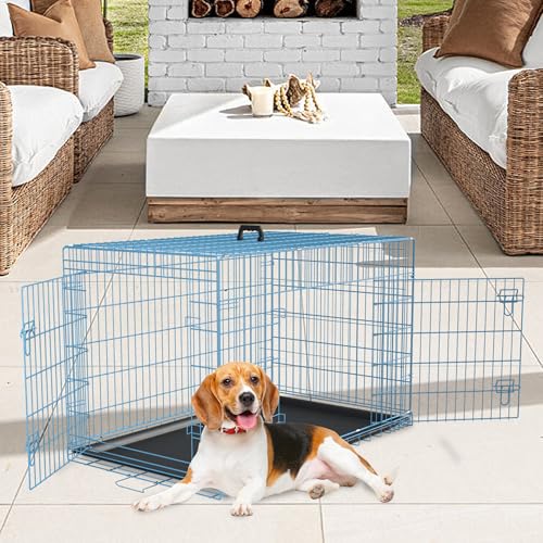 FDW Dog Crate for Large Dogs 48 Inch Folding Metal WirePet Cage Double Door W/Divider Panel Indoor Outdoor Kennel Leak-Proof Plastic Tray,Black