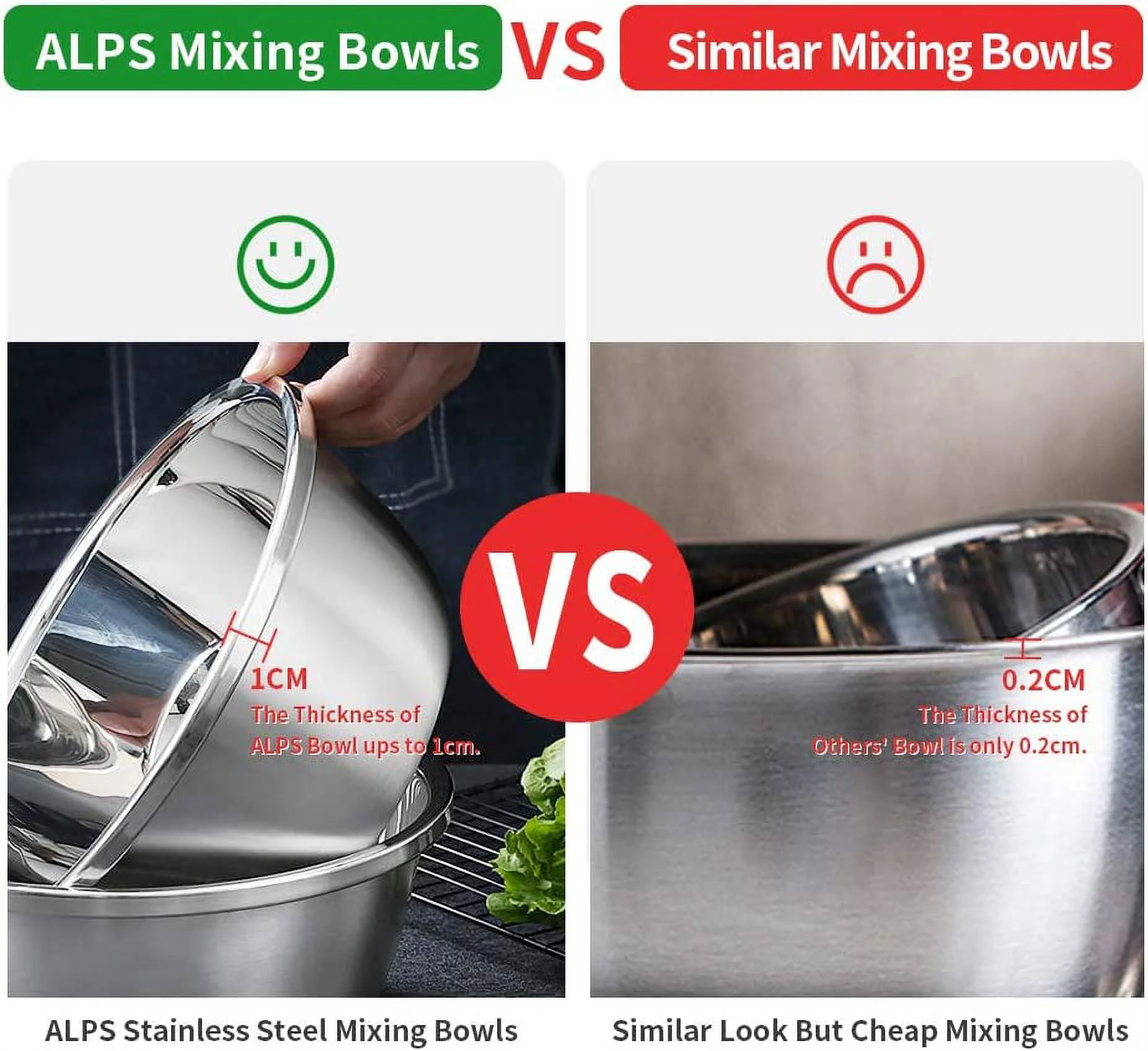 304 Stainless Steel Mixing Bowls without Lids Set of 5 for Kitchen- Easy To Clean, Nesting Bowls for Baking, Stand Mixer