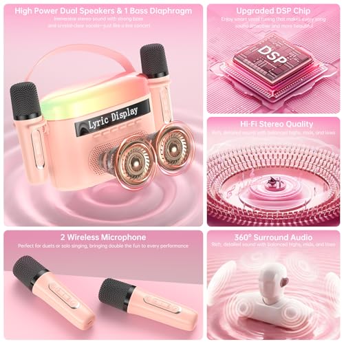 Karaoke Machine for Kids & Adults with Lyrics Display Screen Portable Bluetooth 5.3 Karaoke Speaker with High Power Dual Speakers with Timer White Noise & Night Light Home & Outdoor Party (Pink)