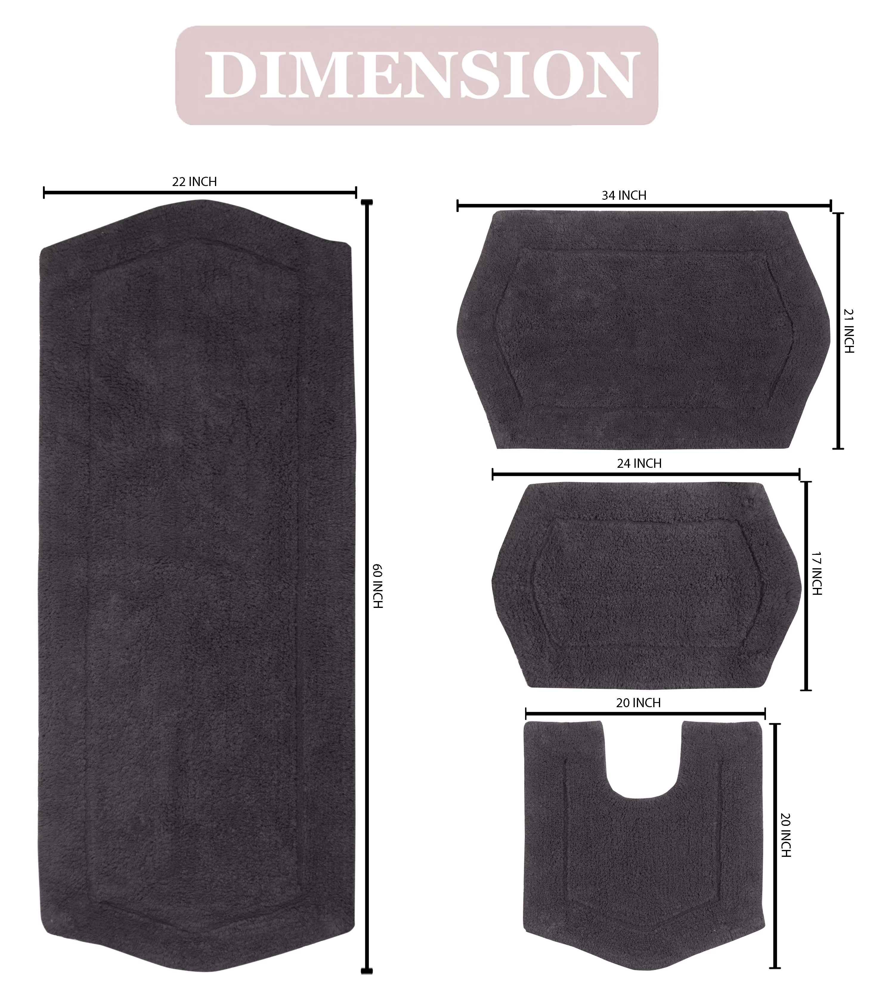 Home Weavers Waterford Collection 100% Cotton Tufted Bath Rug, Non-Slip Bath Mats, Machine Washable bath rugs for Bathroom, 4 Piece Set with Contour, Gray Rug