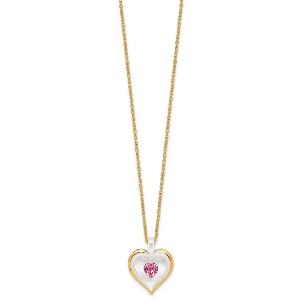 Glass Baron 22K Accent Gilding Gold-trim Glass with Pink October Birthstone Crystal from Swarovski Heart 18 inch Gold-tone Necklace GM9409