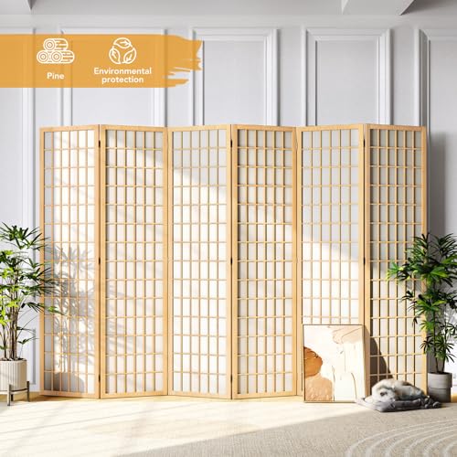 JOSTYLE Room Divider Wall Shoji Screen, 6 Panel Folding Privacy Screen for Room Separation, Japanese Wood Room Divider, 5.9 Ft, Natural