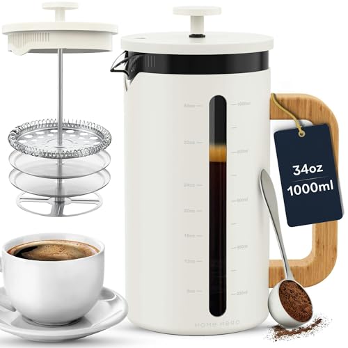 Home Hero French Press Coffee Maker - 34 oz Coffee Press with Bamboo Wood Handle, Heat Resistant Thick Borosilicate Glass French Presses, 4 Layer Filter, French Press Stainless Steel (Black)