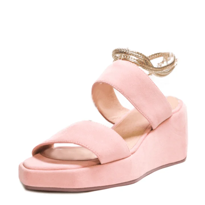Cecelia New York BALEVES Blush Leather Wedge Platform Gold Chain Anklet Sandals (PINK, 9)