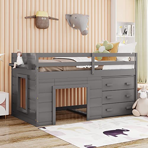 Bellemave Full Size Low loft Bed for Kids,Wood Modern Farmhouse Full Loft Bed with Slide and Drawer Storage, No Box Spring Needed, White