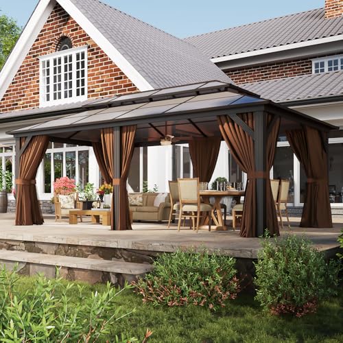 Aoxun 12'x16' Hardtop Gazebo, Aluminum Frame Permanent Pavilion with Netting and Curtains, Outdoor Polycarbonate Double Roof Canopy, Designed for Lawn, Garden, Patio (Brown)